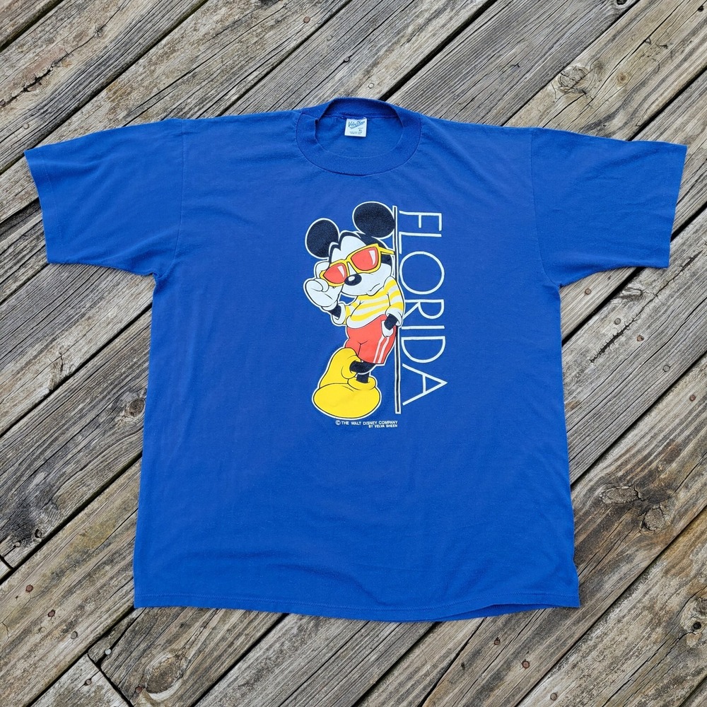 Vtg Mickey Mouse Florida Sunglasses Single Stitch Shirt Mens XL Blue Velva Sheen
